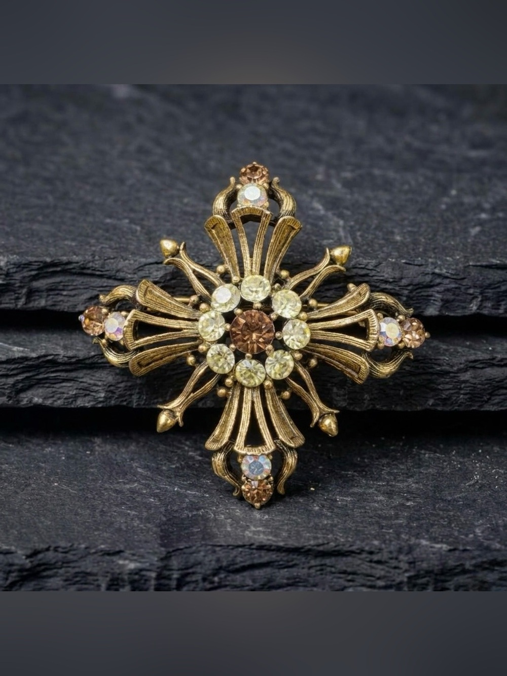 Vintage 60s Aurora Borealis AB Topaz Rhinestone Maltese Cross Gold Tone Brooch